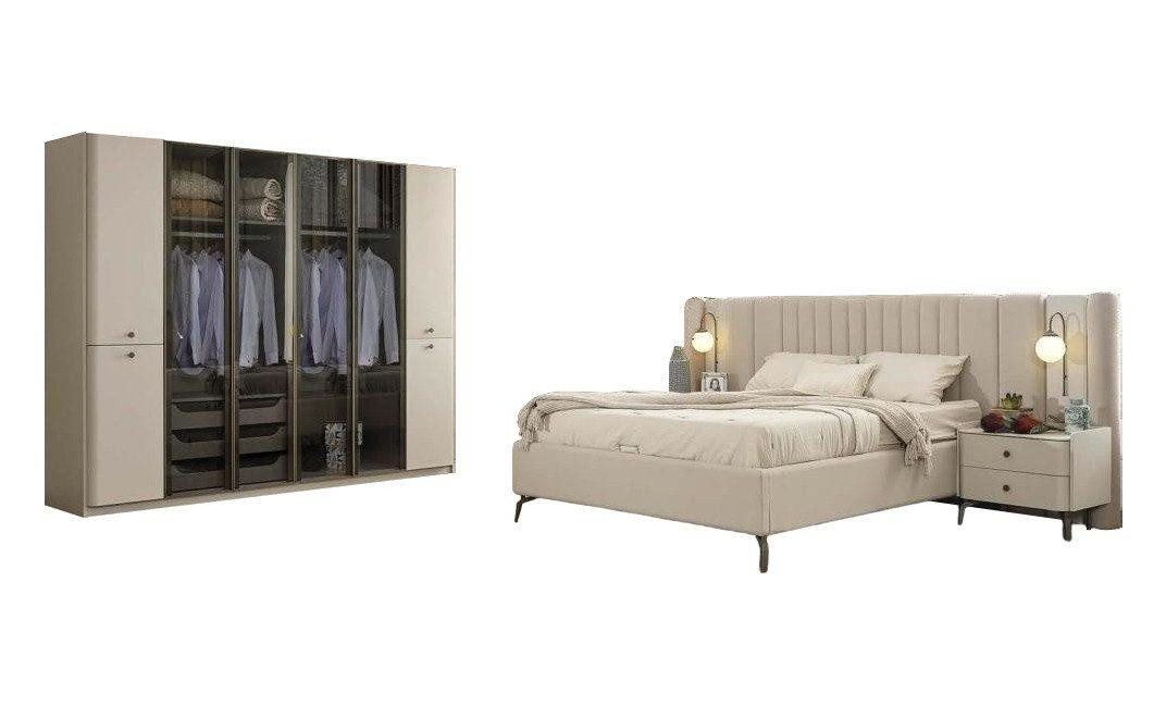 JVmoebel Schlafzimmer-Set Moderne Schlafzimmer Möbel Designer Bett Holz 2x Nachttische, (4-tlg., Bett + 2x Nachttische + Kleiderschrank), Made in Europa von JVmoebel