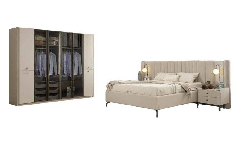JVmoebel Schlafzimmer-Set Moderne Schlafzimmer Möbel Designer Bett Holz 2x Nachttische, (4-tlg., Bett + 2x Nachttische + Kleiderschrank), Made in Europa von JVmoebel