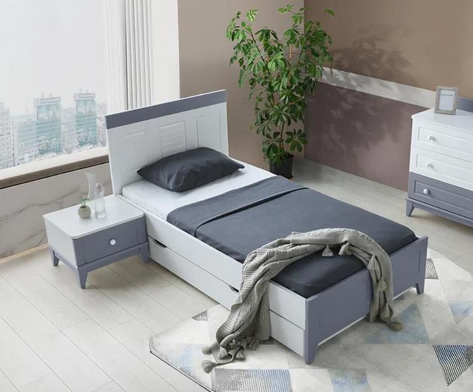 JVmoebel Schlafzimmer-Set Moderner Einzelbett mit Nachttisch in Grau – Stilvolles Design, (Bett, Nachttisch), Made in Europe von JVmoebel