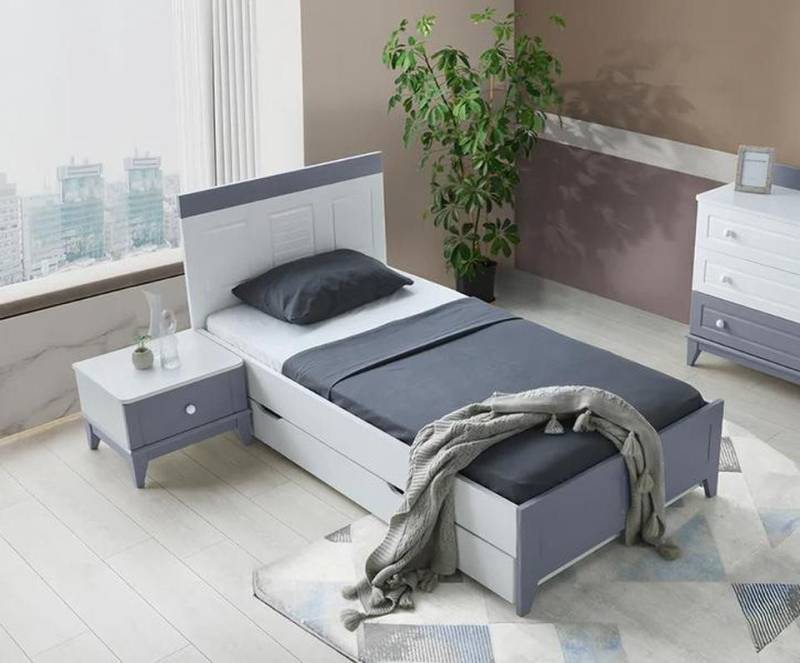 JVmoebel Schlafzimmer-Set Moderner Einzelbett mit Nachttisch in Grau – Stilvolles Design, (Bett, Nachttisch), Made in Europe von JVmoebel