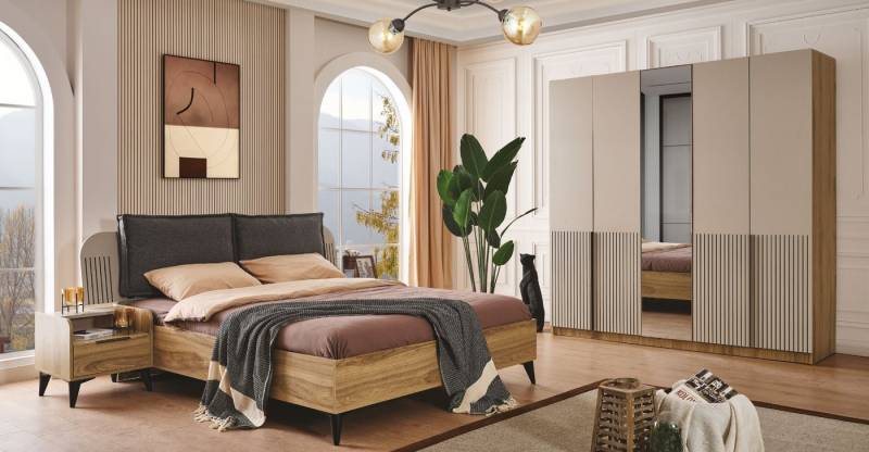 JVmoebel Schlafzimmer-Set Modernes Luxus Schlafzimmer Set mit Bett und 2 Nachtkommoden, (4-tlg., 1x Bett + 2x Nachttische + 1x Kleiderschrank), Made in Europa von JVmoebel