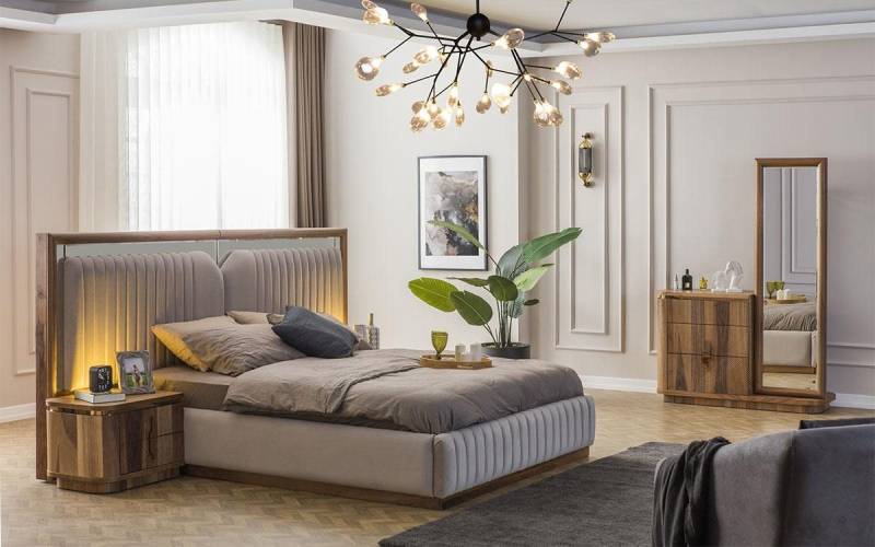 JVmoebel Schlafzimmer-Set Modernes Schlafzimmer Set Bett + 2x Nachttische + Kommode mit Spiegel, Made in Europa von JVmoebel