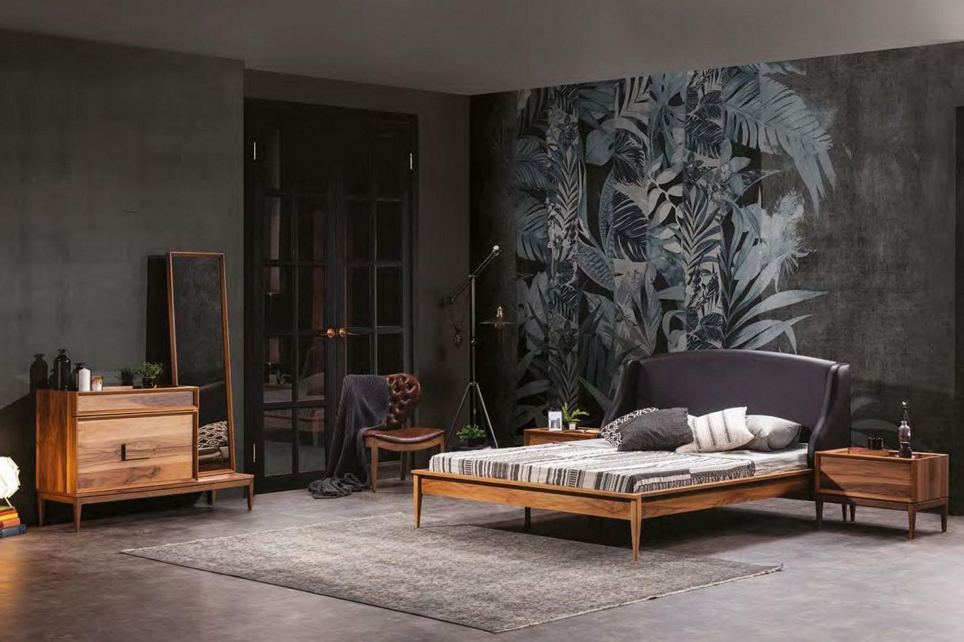 JVmoebel Schlafzimmer-Set Modernes Schlafzimmermöbel Set aus Holz mit Bett & 2 Nachttischen, (4-tlg., 1x Bett + 2x Nachttische + 1x Kommode mit Spiegel), Made in Europa von JVmoebel