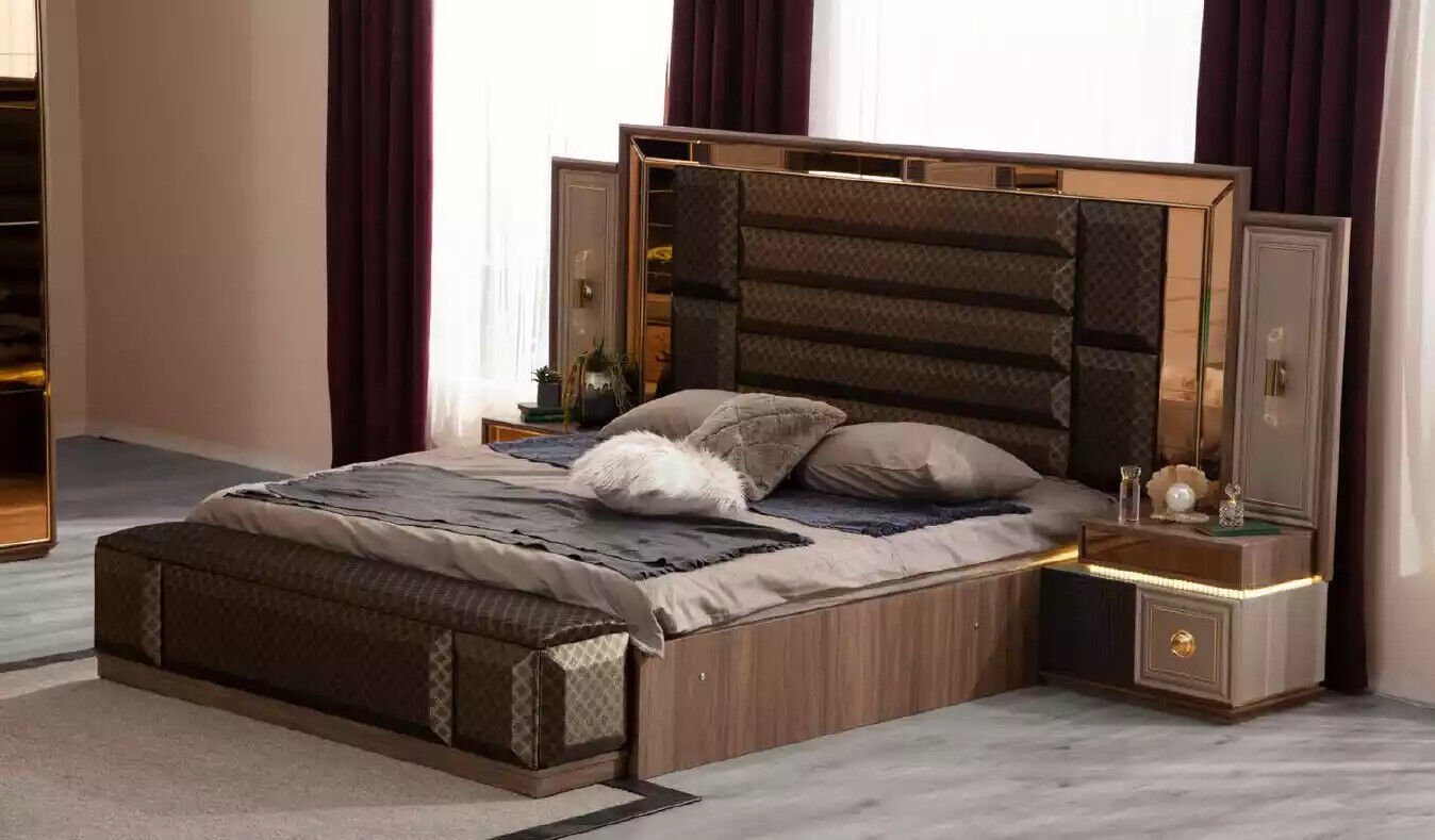 JVmoebel Schlafzimmer-Set Möbel Schlafzimmerbett Granitur Braun Stoff Doppelbett Set 4tlg, (4-St., Bett/Bank/2x Nachttische), Made in Europa von JVmoebel