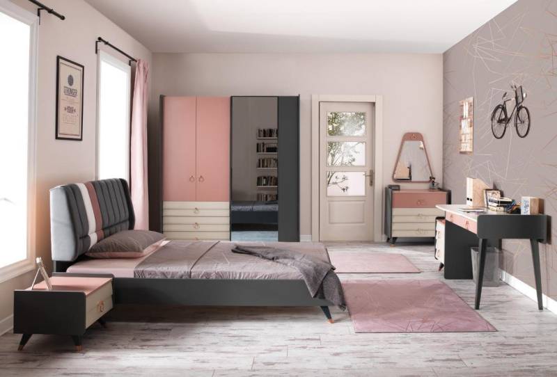 JVmoebel Schlafzimmer-Set Schlafzimmer 6tlg Bett Nachttisch Kleiderschrank Kommode Spiegel, (6-St., Bett, Kleiderschrank, Spiegel, Nachttisch, Kommode, Schreibtisch), Made in Europa von JVmoebel