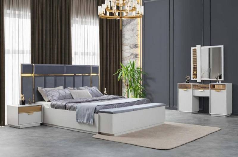 JVmoebel Schlafzimmer-Set Schlafzimmer Bett Bank Nachttische Kommode mit Spiegel Weiß Blau Gold, (5-tlg., Schlafzimmer-Set), Made in Europa von JVmoebel