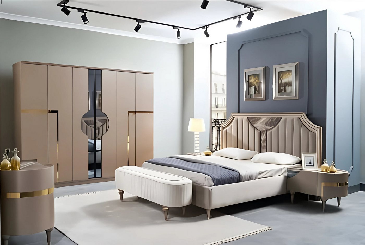 JVmoebel Schlafzimmer-Set Schlafzimmer Bett Nachttisch Kleiderschrank Kommode Hocker Set 6tlg, (6-tlg), Made in Europa von JVmoebel