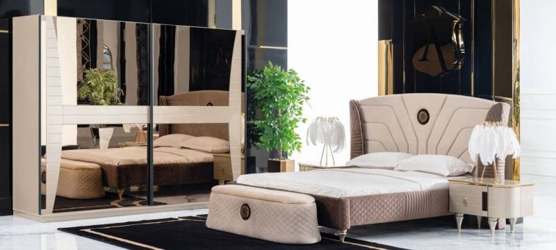 JVmoebel Schlafzimmer-Set Schlafzimmer Bett Nachttisch Kommode Hocker Gruppe Garnitur 5tlg., (5-tlg), Made in Europa von JVmoebel