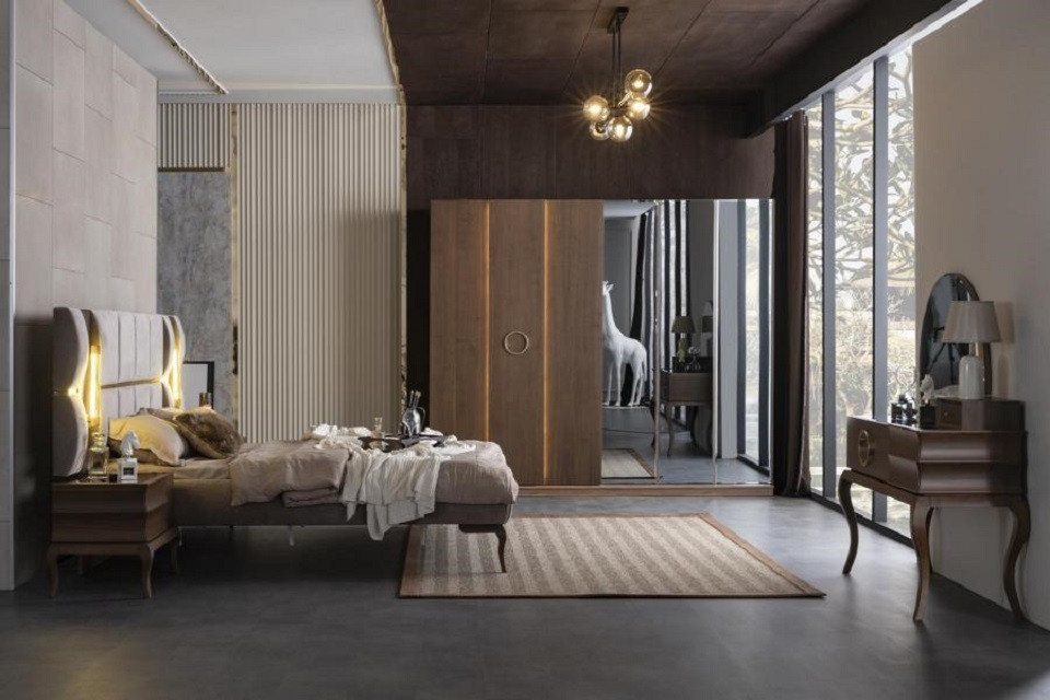 JVmoebel Schlafzimmer-Set Schlafzimmer Bett Nachttische Schminktisch Kleiderschrank Beleuchtung, (6-tlg., Schlafzimmer-Set), Made in Europa von JVmoebel