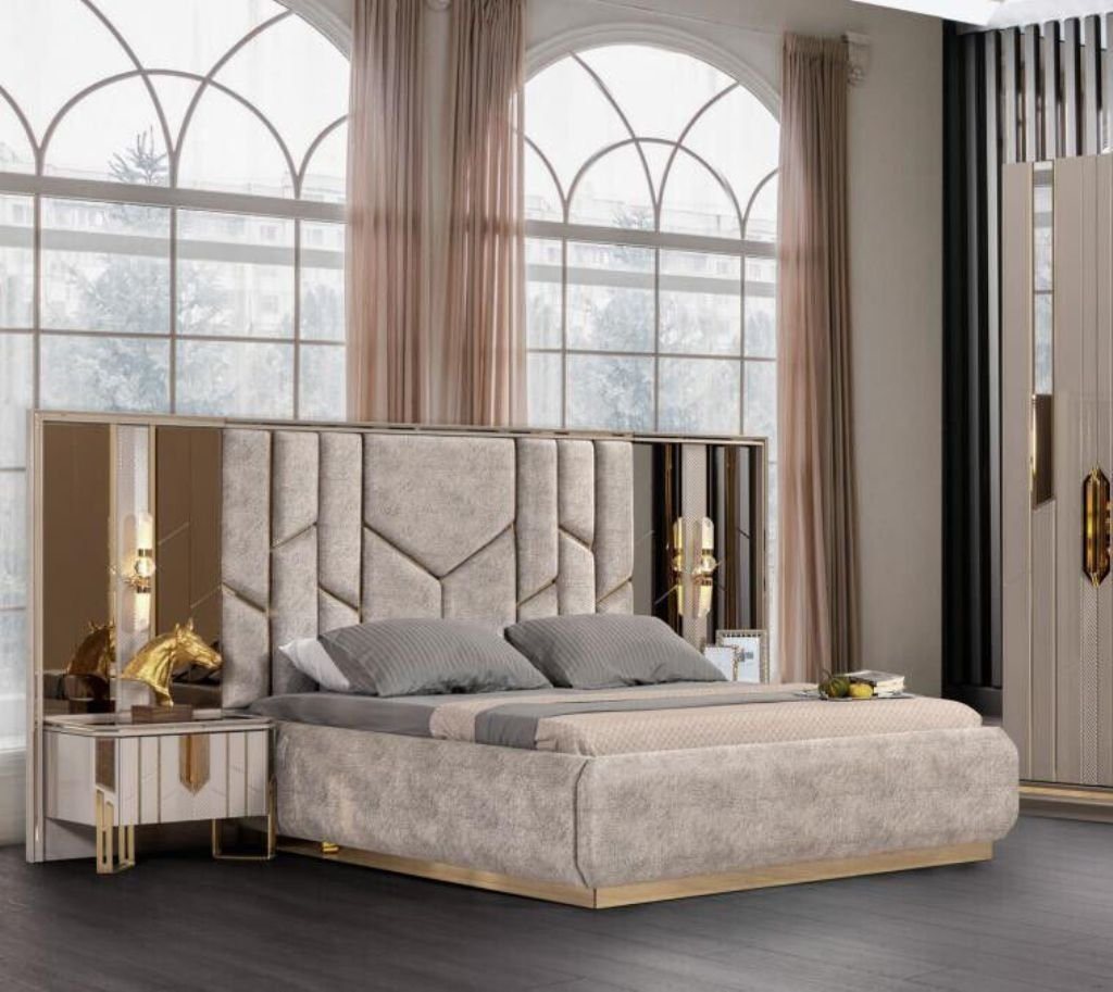JVmoebel Schlafzimmer-Set Schlafzimmer Doppelbett Garnitur Bett Nachttische Beige Luxus, (3-St., Bett/2x Nachttische), Made in Europa von JVmoebel