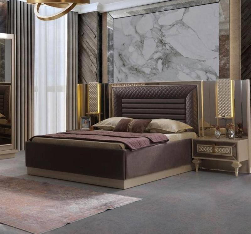 JVmoebel Schlafzimmer-Set Schlafzimmer Doppelbett Garnitur Bett Nachttische Luxus Beige, (3-St., Bett/2x Nachttische), Made in Europa von JVmoebel