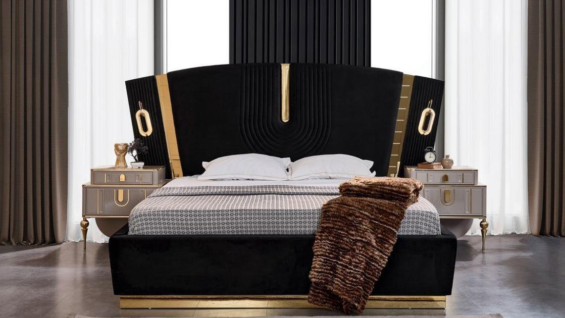 JVmoebel Schlafzimmer-Set Schlafzimmer Doppelbett Garnitur Bett Nachttische Luxus Schwarz, (3-St., Bett/2x Nachttische), Made in Europa von JVmoebel