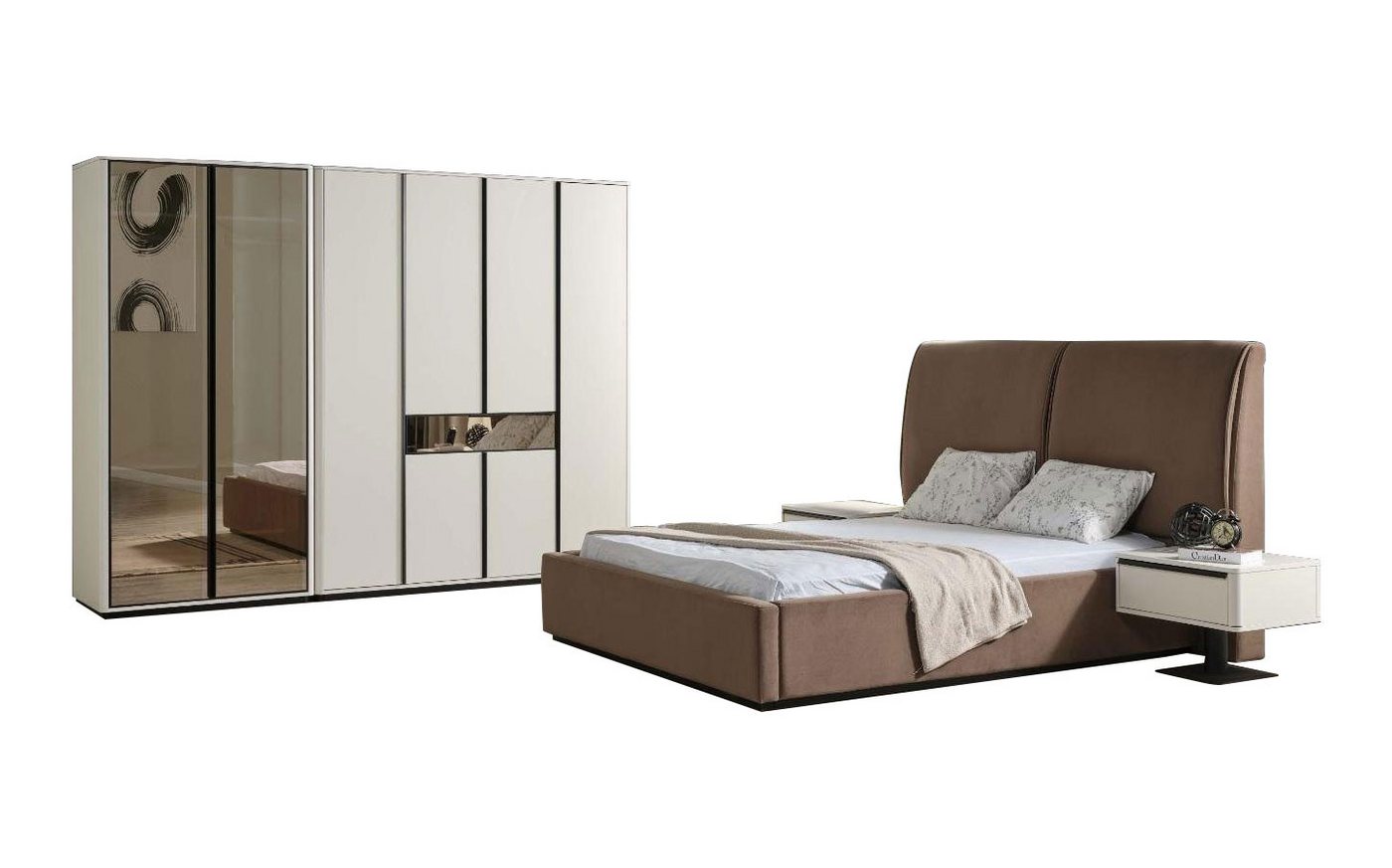 JVmoebel Schlafzimmer-Set Schlafzimmer Garnitur Doppelbett Bett Nachttische 4tlg Beige Schrank, (4-St., Bett, 2x Nachttische, Kleiderschrank), Made in Europa von JVmoebel