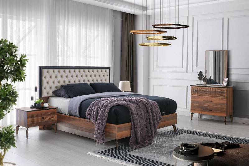 JVmoebel Schlafzimmer-Set Schlafzimmer Garnitur Doppelbett Bett Nachttische Braun 5tlg Kommode, (5-tlg., Bett + 2xNachttische + Kommode + Spiegel), Made in Europa von JVmoebel