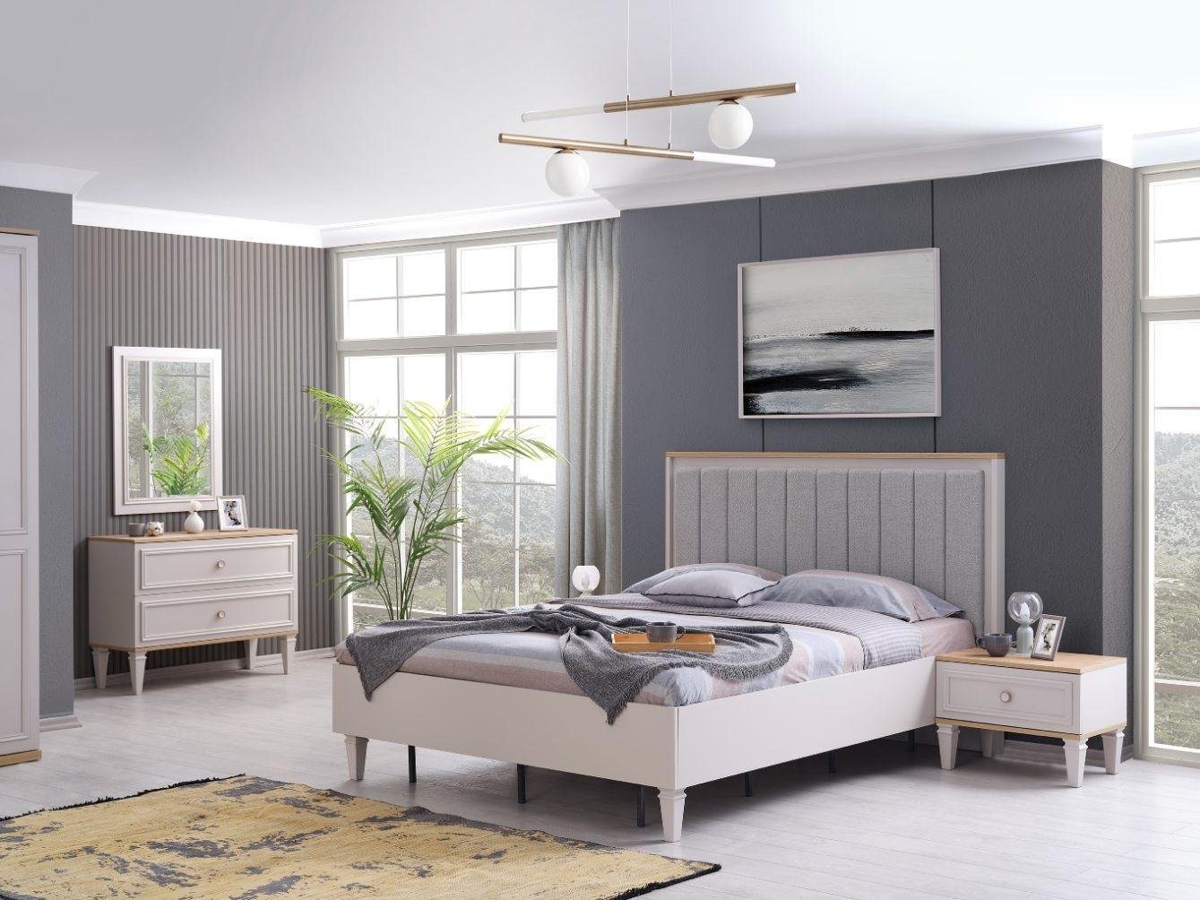 JVmoebel Schlafzimmer-Set Schlafzimmer Garnitur Doppelbett Bett Nachttische Grau Holz Set 5tlg, (Bett / Nachttische / Kommode / Spiegel), Made In Europe von JVmoebel