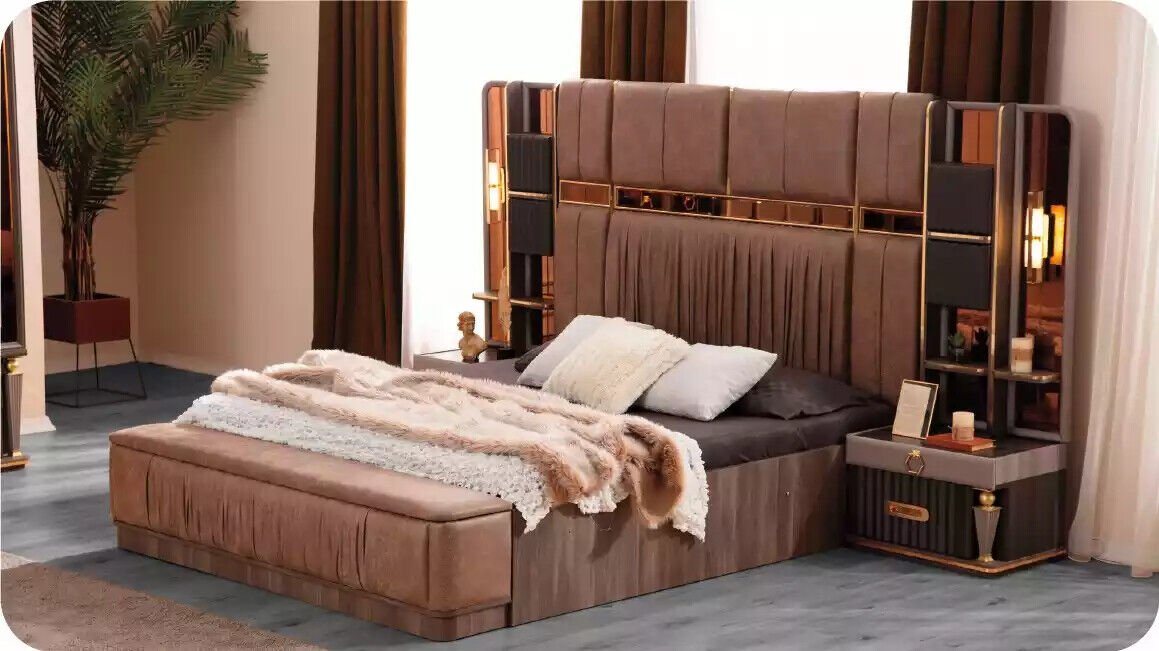 JVmoebel Schlafzimmer-Set Schlafzimmer Garnitur Luxus Doppelbett Bettkasten Bett Set 3tlg Beige, (3-St., Bett/2x Nachttische), Made in Europa von JVmoebel