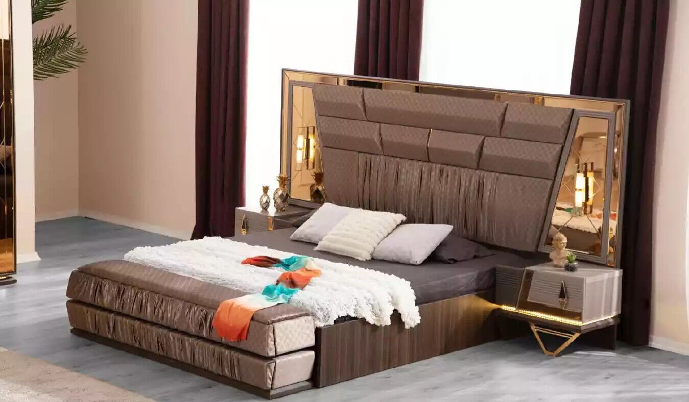 JVmoebel Schlafzimmer-Set Schlafzimmer Gruppe Bett Set 3tlg Doppelbett Beige Stoff Nachttische, (3-St., Bett/2x Nachttische), Made in Europa von JVmoebel