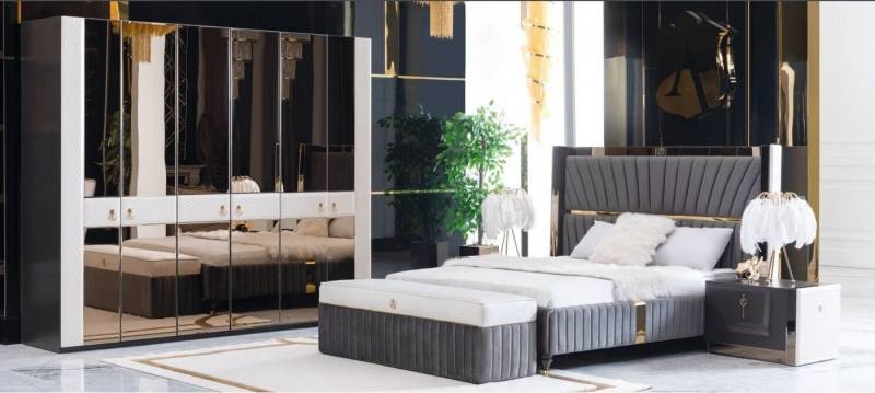 JVmoebel Schlafzimmer-Set Schlafzimmer Komplett Set Bett Nachttisch Hocker 5tlg Design Holz, (5-tlg), Made in Europa von JVmoebel