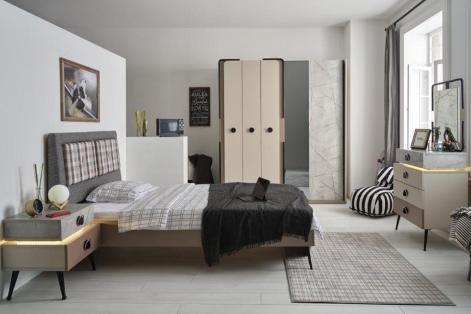 JVmoebel Schlafzimmer-Set Schlafzimmer Komplettes Bett Nachttisch Kommode Spiegel Kleiderschrank, (5-St., Bett, Nachttisch, Kleiderschrank, Spiegel, Kommode), Made in Europa von JVmoebel