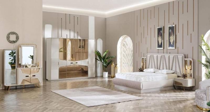 JVmoebel Schlafzimmer-Set Schlafzimmer Komplettset Bett Set Möbel Gäste Zimmer Schrank Bett, (6-tlg., Bett + 2x Nachttische + Kleiderschrank + Schminktisch mit Spiegel), Made in Europa von JVmoebel