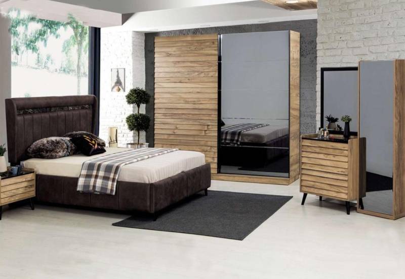 JVmoebel Schlafzimmer-Set Schlafzimmer Möbel Designer Polsterbett 2x Nachttische Kleiderschrank, (5-tlg., Bett / 2x Nachttische / Kleiderschrank / Kommode mit Spiegel), Made in Europa von JVmoebel