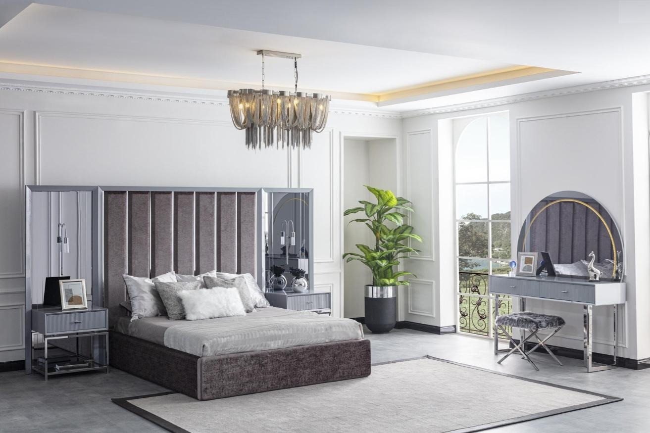 JVmoebel Schlafzimmer-Set Schlafzimmer Möbel Set Grau Bett Schminktisch Nachttisch, (6-tlg., Bett\2x Nachttische\Schminktisch mit Spiegel\Hocker), Made in Europa von JVmoebel