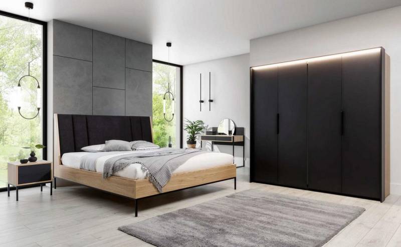 JVmoebel Komplettschlafzimmer Schlafzimmer Set Beige Bett 2x Nachttische Schrank Schminktisch 5tlg., (5-tlg., 1x Bett + 2x Nachttische + 1x Schminktisch + 1x Kleiderschrank), Made in Europa von JVmoebel