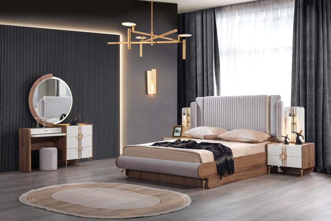 JVmoebel Schlafzimmer-Set Schlafzimmer Set Bett 2x Nachttisch Kommodemit Spiegel Design Luxus, (4-St) von JVmoebel