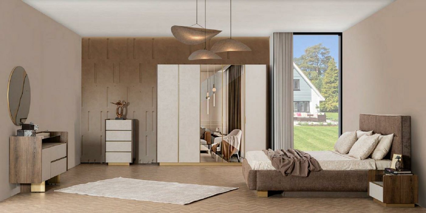 JVmoebel Schlafzimmer-Set Schlafzimmer Set Bett 2x Nachttische Kommode Kleiderschrank Luxus, (6-tlg., Bett + 2x Nachttische + Kleiderschrank + Kommode + Spiegel), Made in Europa von JVmoebel