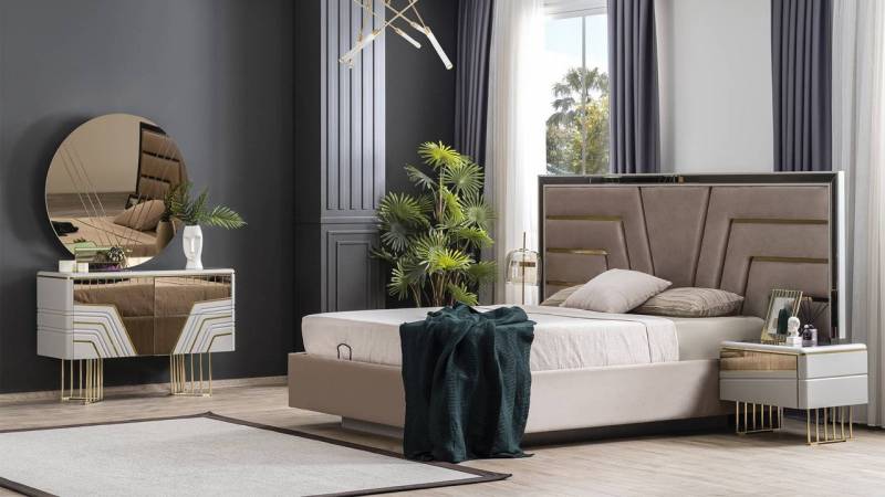 JVmoebel Schlafzimmer-Set Schlafzimmer Set Bett 2x Nachttische Kommode Spiegel Set 5tlg, (5-tlg., 1x Bett + 2x Nachttische + 1x Kommode + 1x Spiegel), Made in Europa von JVmoebel