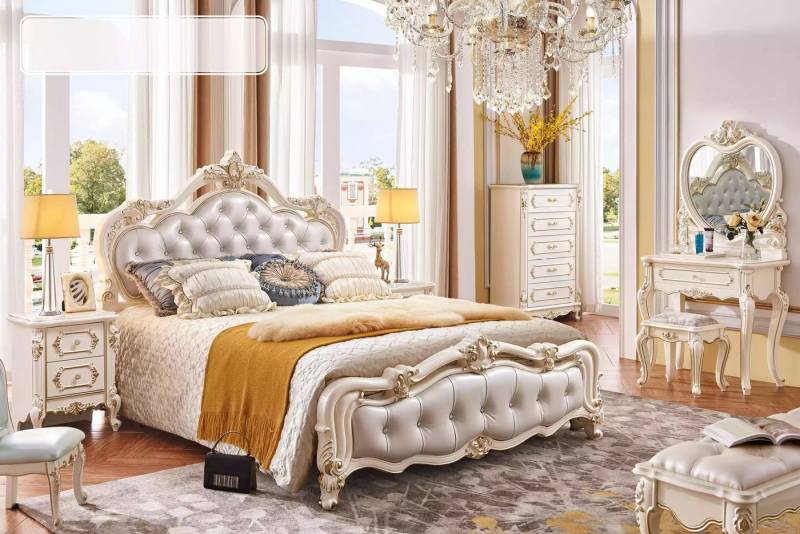 JVmoebel Schlafzimmer-Set Schlafzimmer Set Bett 2x Nachttische Schminktisch Hocker Kommode 6tlg, (6-tlg., 1x Bett + 2x Nachttische + 1x Schminktisch + 1x Hocker + 1x Kommode), Made in Europa von JVmoebel