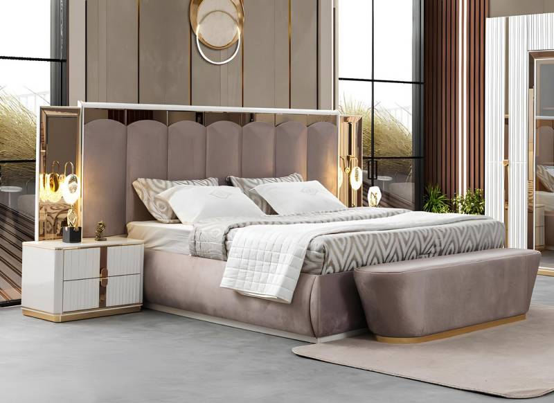 JVmoebel Schlafzimmer-Set Schlafzimmer Set Bett Nachttische Bank Weiß Rosa Glas Holz Edelstahl, (4tlg. Schlafzimmer Set(Bett + 2x Nachttische + Bank), Made in Europa von JVmoebel