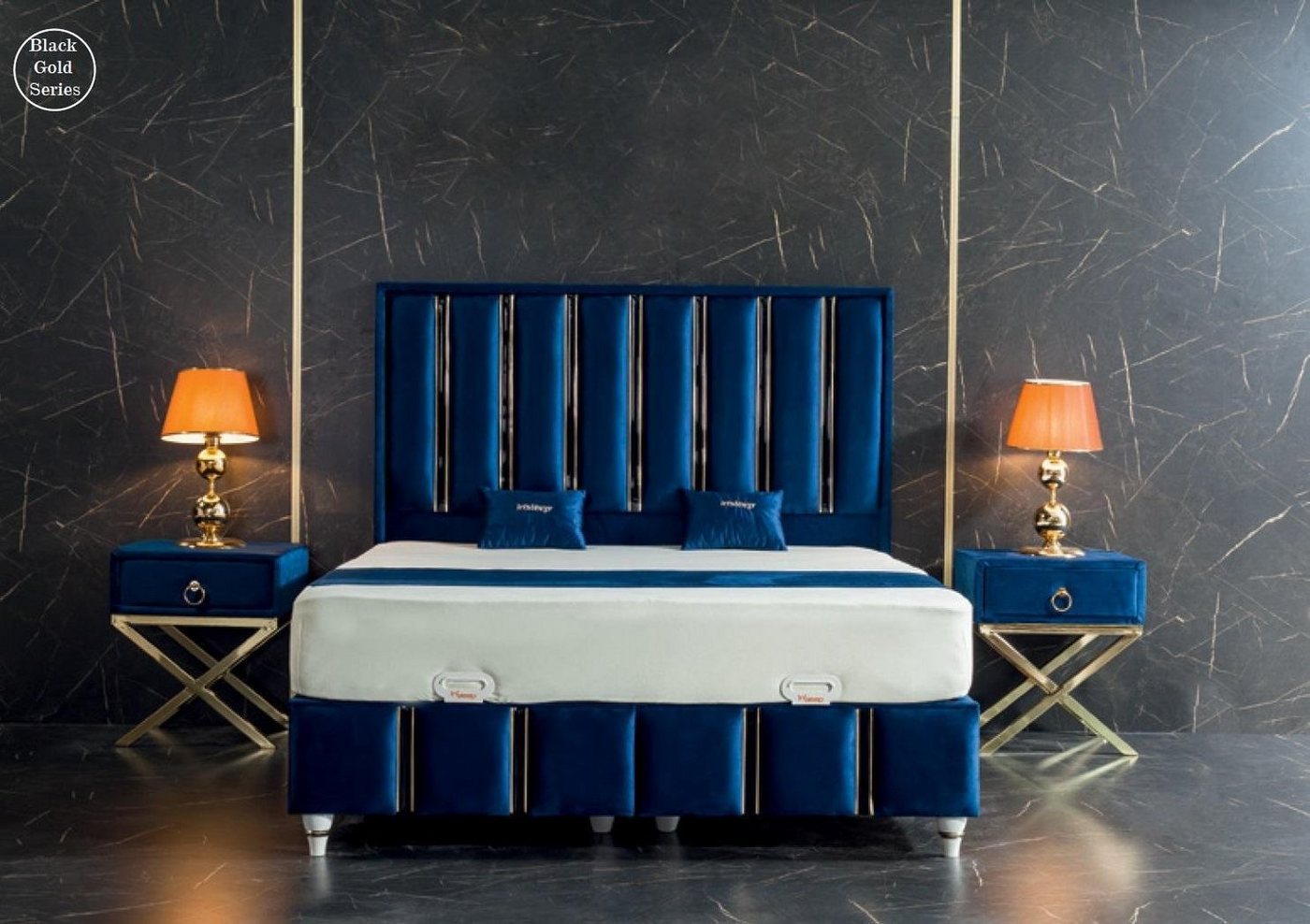 JVmoebel Schlafzimmer-Set Schlafzimmer Set Blau Metall Bett Elegantes Stil 2x Nachttische von JVmoebel