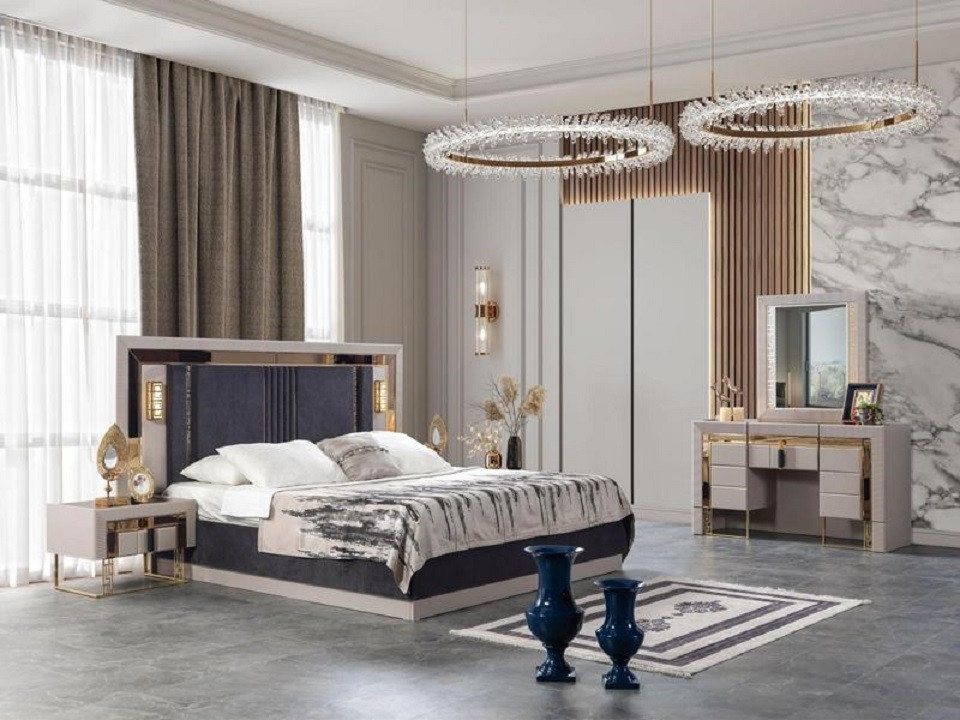 JVmoebel Schlafzimmer-Set Schlafzimmer Set Designer Hochwertig Bett 2x Nachttische Schminktisch, (4-tlg., 4tlg Set(Bett +2x Nachttische+Schminktisch), Made in Europa von JVmoebel