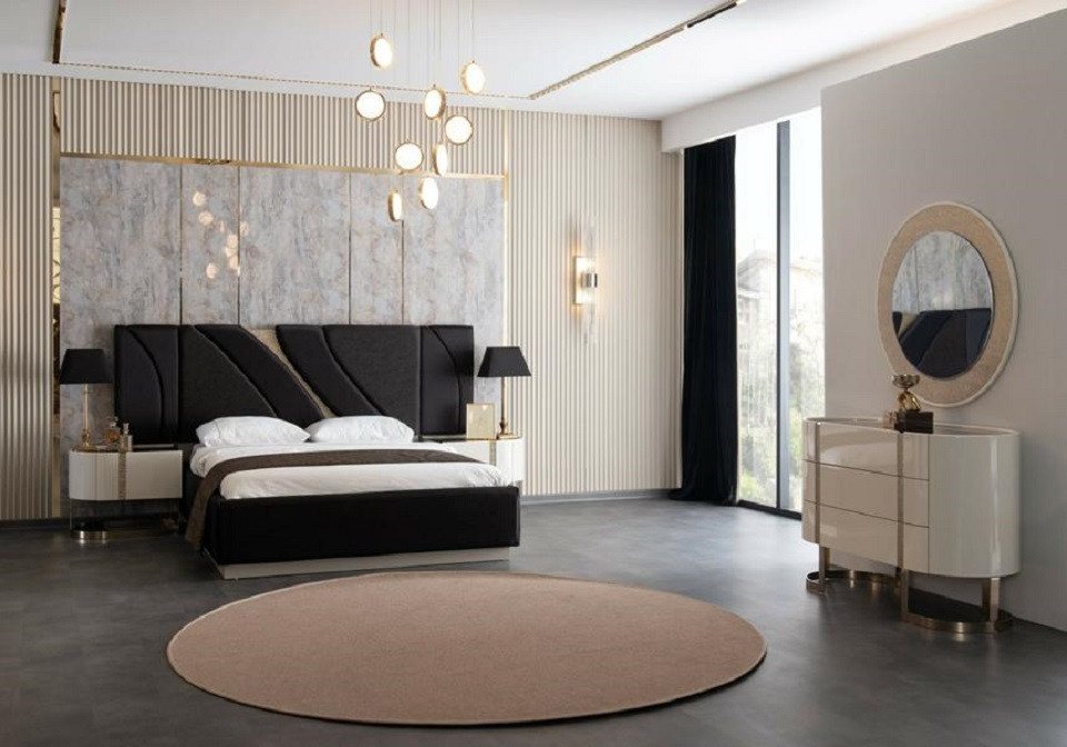 JVmoebel Schlafzimmer-Set Schlafzimmer Set Doppelbett 2x Nachttische Verspiegelt Kommode Spiegel, (5-tlg., 5tlg. Schlafzimmer Set (Bett + 2x Nachttische + Kommode + Spiegel), Made in Europa von JVmoebel