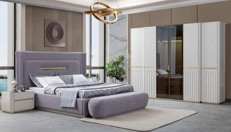 JVmoebel Schlafzimmer-Set Schlafzimmer Set Kleiderschrank Bett 2x Nachttische Sitzbank Violett, (5-tlg., Schlafzimmer-Set), Made in Europa von JVmoebel
