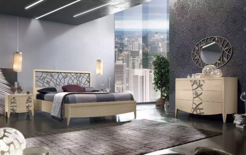 JVmoebel Schlafzimmer-Set Schlafzimmer Set Komplett Bett 2x Nachttisch Kommode 5tlg beige, (5-tlg., 1x Bett + 2x Nachttische + 1x Kommode + 1x Spiegel), Made in Europa von JVmoebel