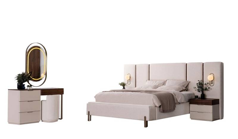 JVmoebel Schlafzimmer-Set Schlafzimmer Set Komplettes Bett 2x Nachttisch Schminktisch 4tlg, (6-tlg., Bett mit Bank/2x-Nachttische/Schminktisch/Spiegel/Hocker), Made in Europa von JVmoebel