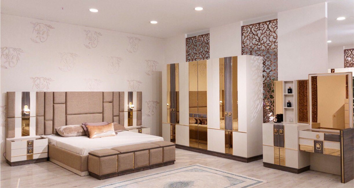 JVmoebel Schlafzimmer-Set Schlafzimmer Set Luxus Doppelbett 2x Nachttische Neu Kleiderschrank, (6-tlg., Bett, 2x-Nachttische, Kleiderschrank, Schminktisch, Bank), Made in Europa von JVmoebel