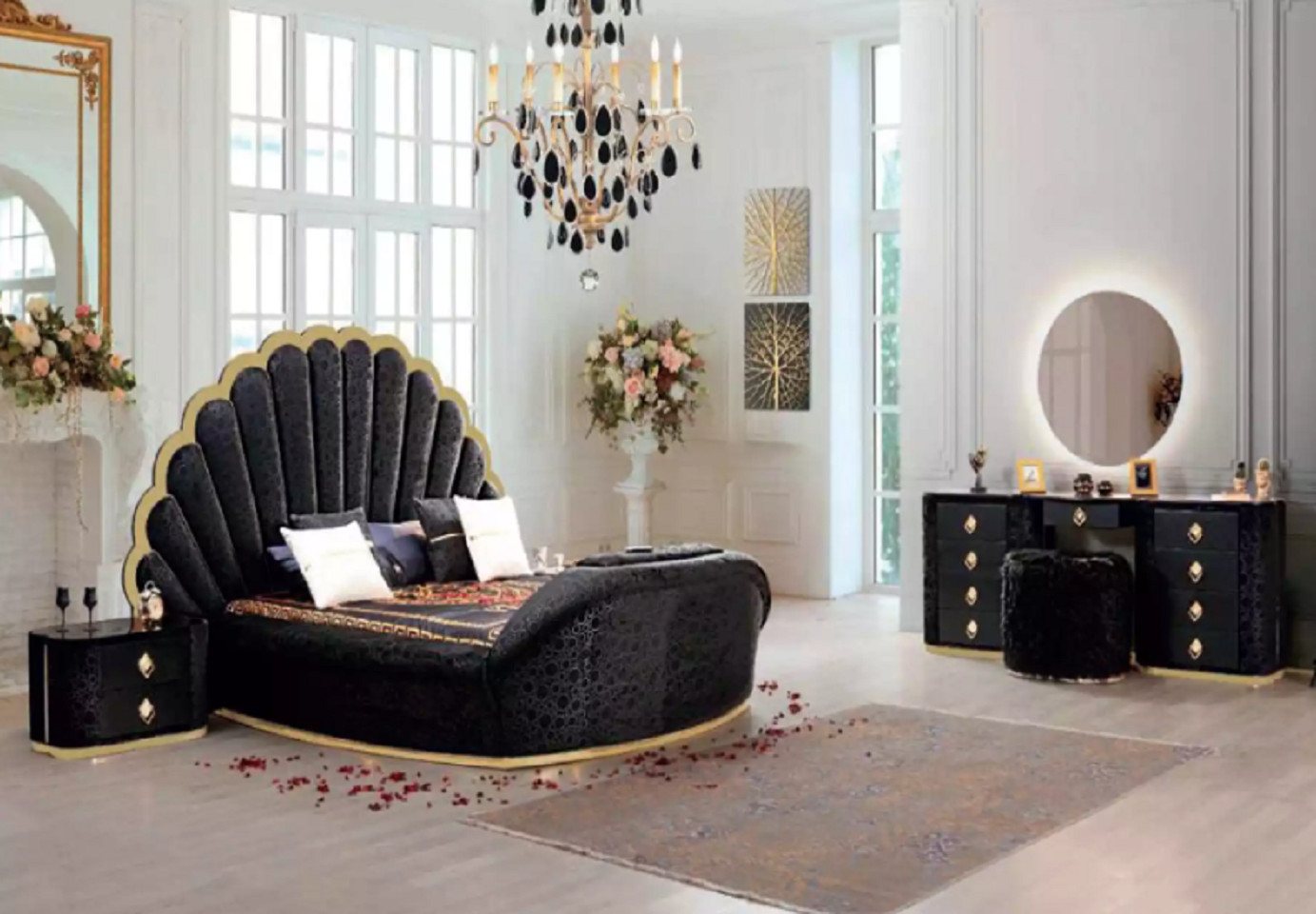 JVmoebel Schlafzimmer-Set Schlafzimmer Set Luxusbett 2x Nachttische Schminktisch Rundbett 5tlg, (5-tlg., Schminktisch/Bett/2x Nachttische/Spiegel), Made in Europa von JVmoebel