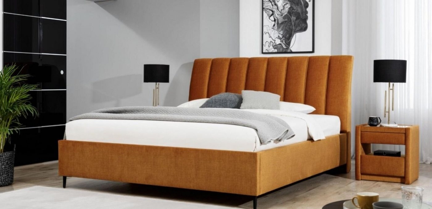 JVmoebel Schlafzimmer-Set Schlafzimmer Set Orange Bett Elegantes 2x Nachttische Komplett Luxus, (3-St., Bett/2x Nachttische), Made in Europa von JVmoebel