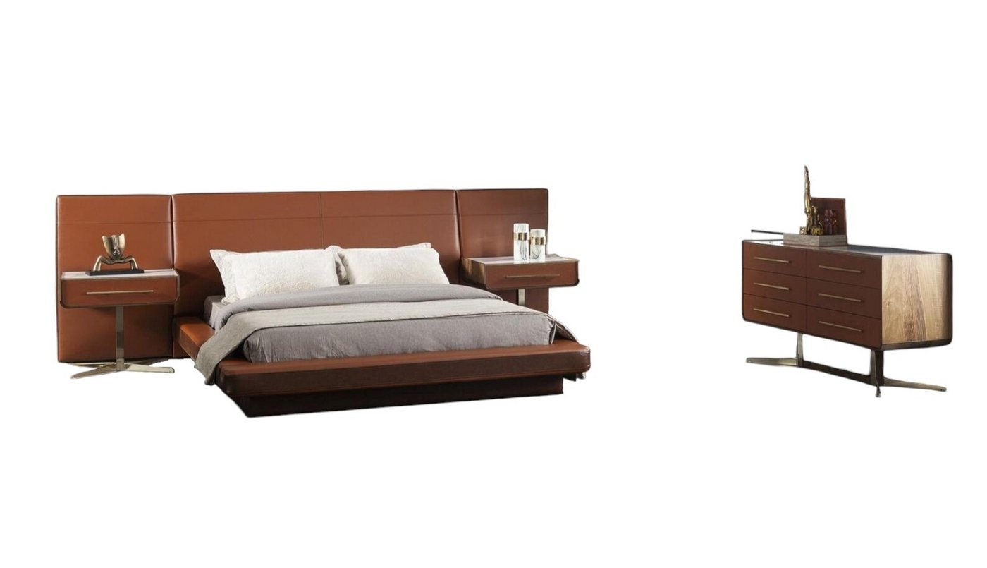 JVmoebel Schlafzimmer-Set Schlafzimmer Set Orange Terrakotta Bett Leder Kommode Nachttisch 4tlg., (4-St., 1x Bett + 2x Nachttische + 1x Kommode), Made in Europa von JVmoebel