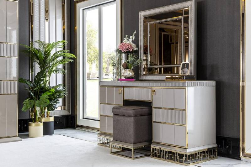 JVmoebel Schlafzimmer-Set Schlafzimmer Set Weiß Schminktisch Spiegel Schön Hocker Holz Elegantes, Made in Europa von JVmoebel