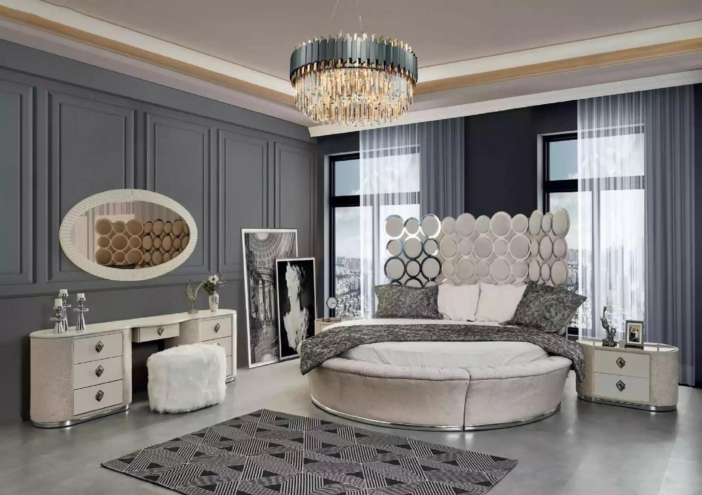 JVmoebel Schlafzimmer-Set Modernes Bett mit 2 Nachttischen und Schminktisch im Set, (5-tlg., Bett/2x Nachttisch/Schminktisch/Spiegel), Made in Europa von JVmoebel