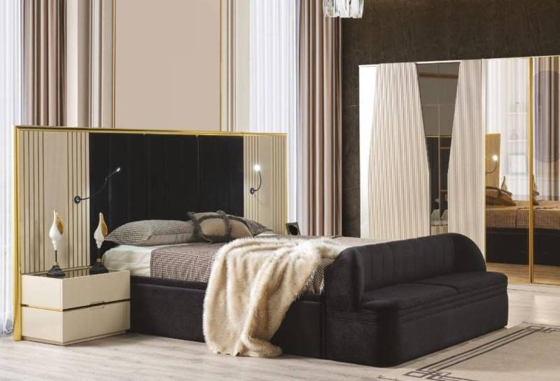JVmoebel Schlafzimmer-Set Schlafzimmer Set von 4tlg luxuriös Holz Möbel Elegant Bank Nachttisch, (4-St., 1x Bett + 2x Nachttische + 1x Bank), Made in Europa von JVmoebel