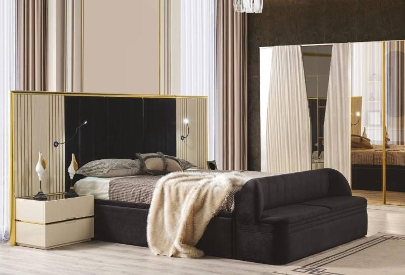 JVmoebel Schlafzimmer-Set Schlafzimmer Set von 4tlg luxuriös Holz Möbel Elegant Bank Nachttisch, (4-tlg., 1x Bett + 2x Nachttische + 1x Bank), Made in Europa von JVmoebel