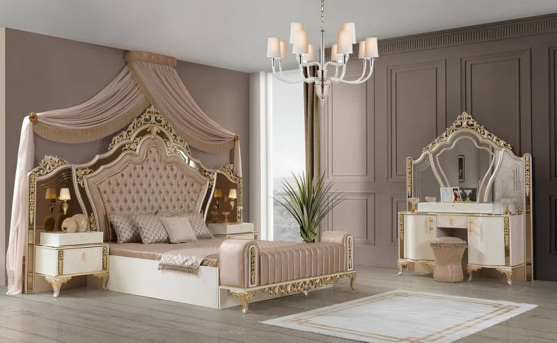JVmoebel Schlafzimmer-Set Schlafzimmer Set: Bett mit 2 Nachttischen & Spiegel-Kommode, (4-tlg), Made in Europa von JVmoebel