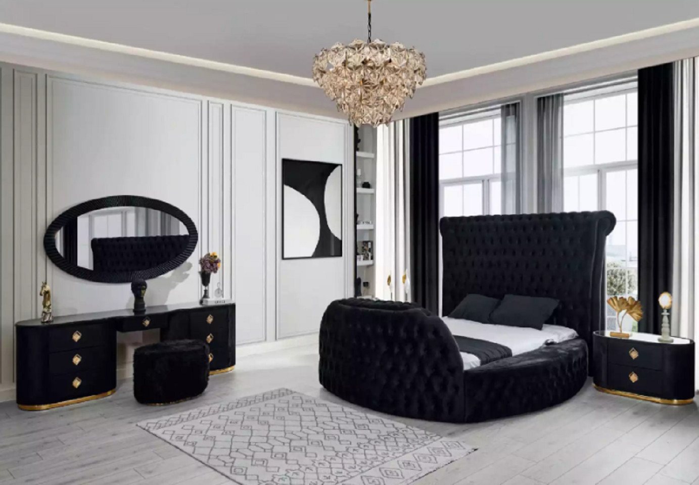 JVmoebel Schlafzimmer-Set Schlafzimmer schwarz Set Bett 2x Nachttische Schminktisch Chesterfield, (5-tlg., Bett/2x Nachttische/Schminktisch/Spiegel), Made in Europa von JVmoebel