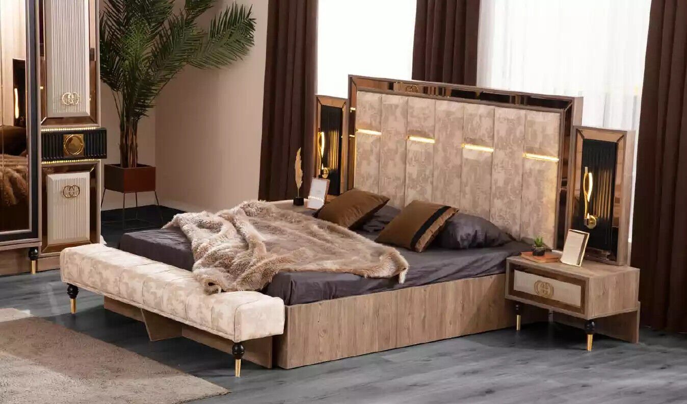 JVmoebel Schlafzimmer-Set Schlafzimmerbett Doppelbett Beige Stoff Nachttische Set Bett Neu, (3-St., Bett/2x Nachttische), Made in Europa von JVmoebel