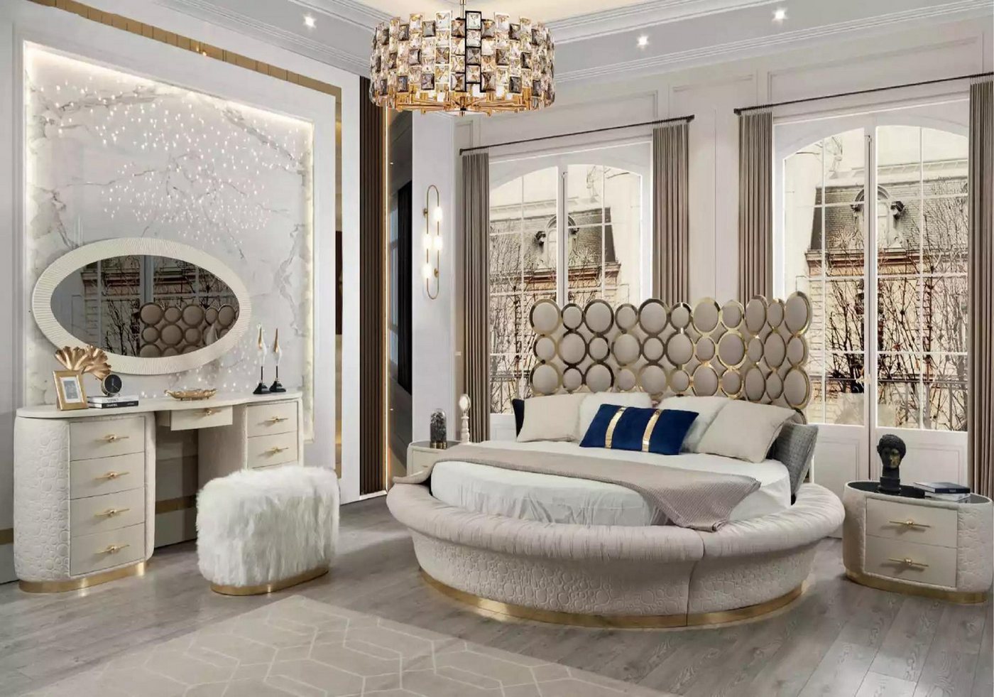 JVmoebel Schlafzimmer-Set Schlafzimmergarnitur Bett+2x Nachttische+Schminktisch+Spiegel 5tlg, (5-tlg., Bett/2x Nachttisch/Schminktisch/Spiegel), Made in Europa von JVmoebel